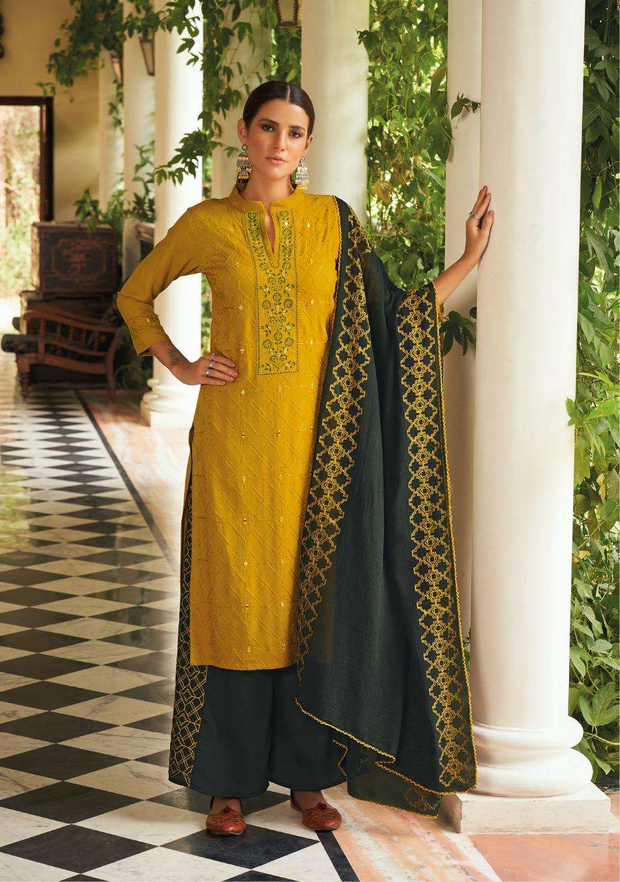 AROOS BY KALKI FASHION BRAND RAYON MIRROR WORK WITH THERD AND HAND WORK KURTI WITH PLAZO AND COTTON DUPATTA